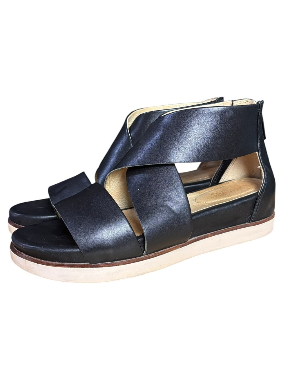 Bussola Potsdam Phebe Wide Strap Leather Black Sandals – Sz 39 (US 8–8.5)